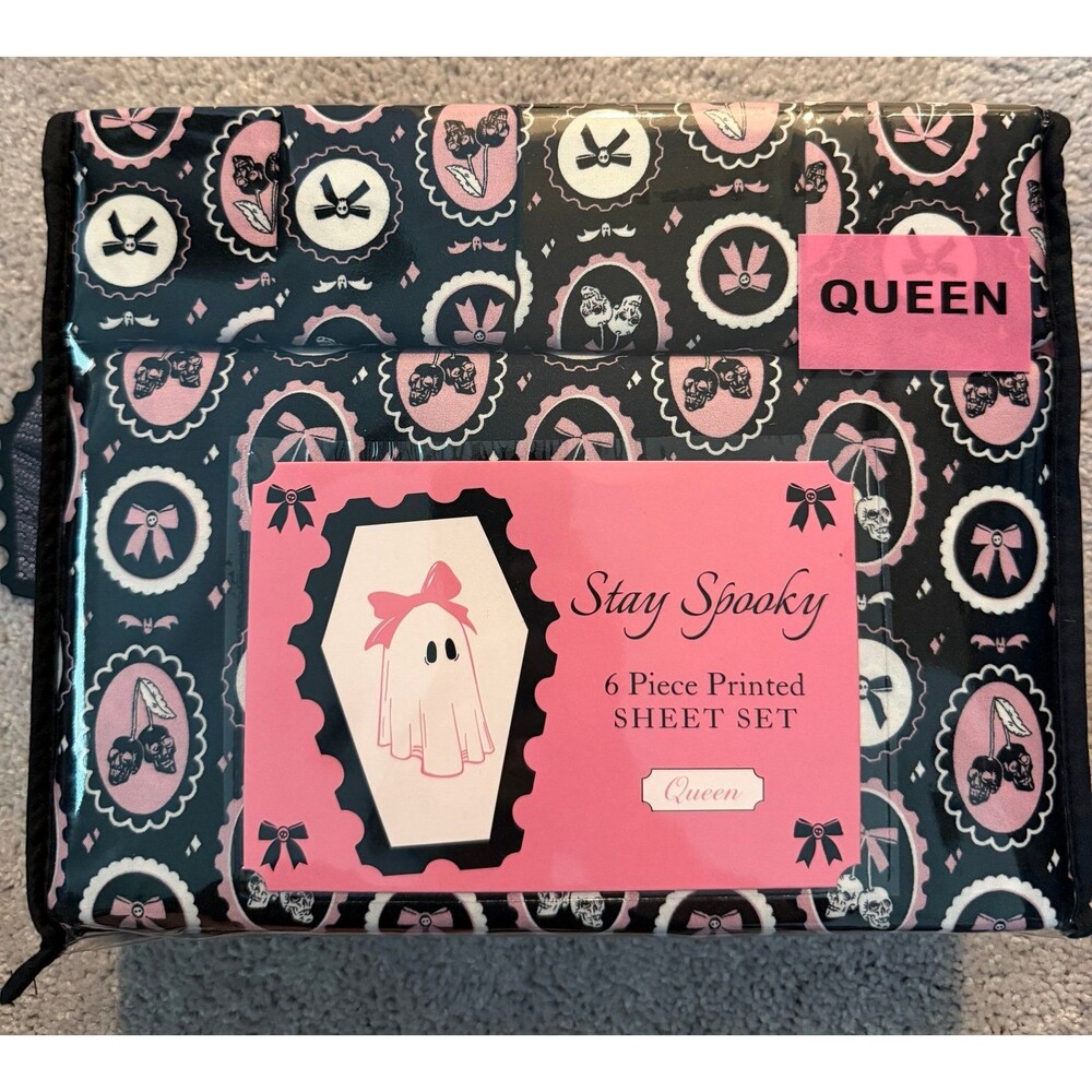 NEW Stay Spooky Queen Sheets Set Gothic Coquette Bows Cameo Halloween Bedding